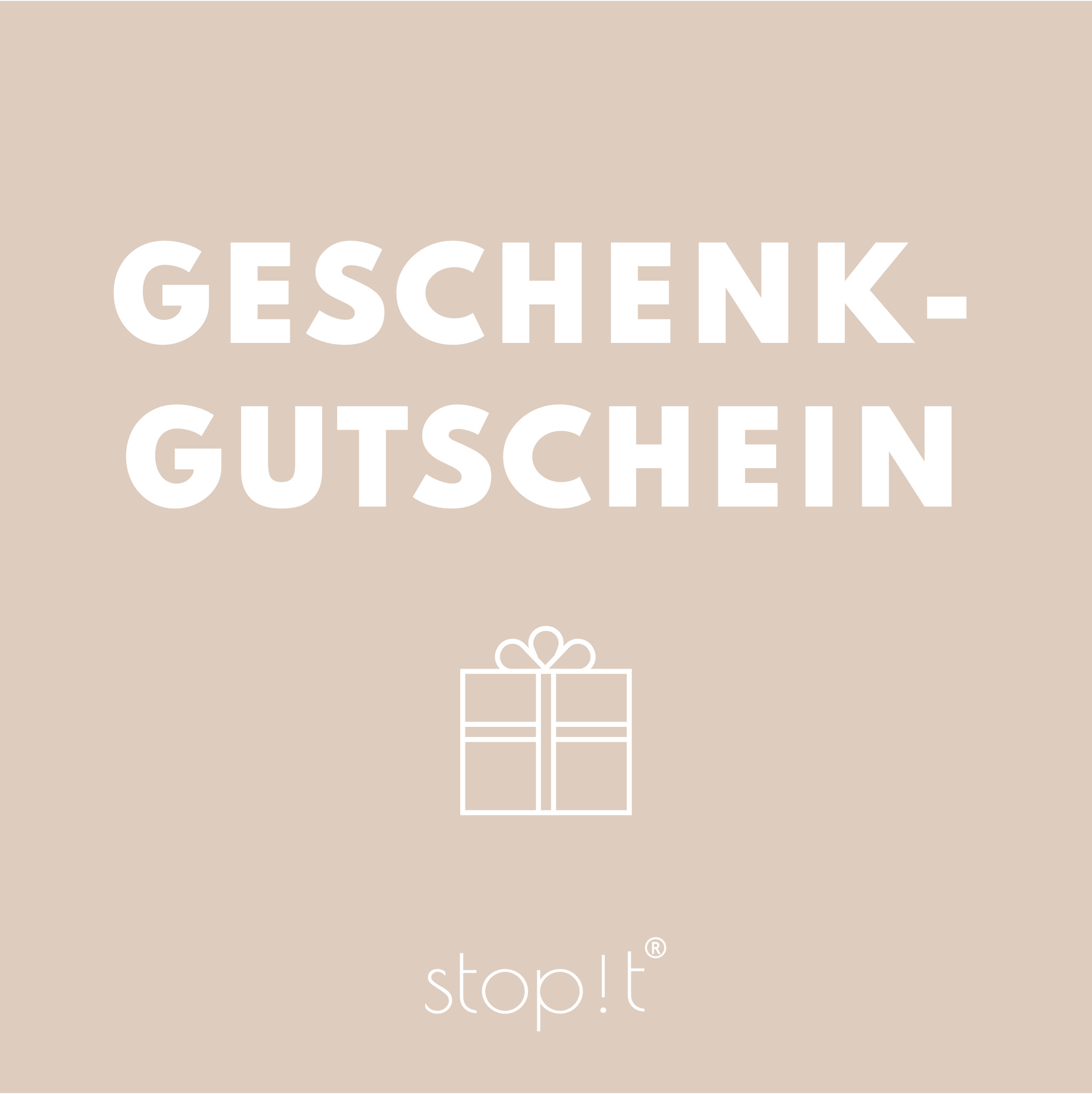 Kachel mit der Aufschrift Geschenkgutschein und einem Geschenk-Piktogramm sowie dem stopit-Logo.